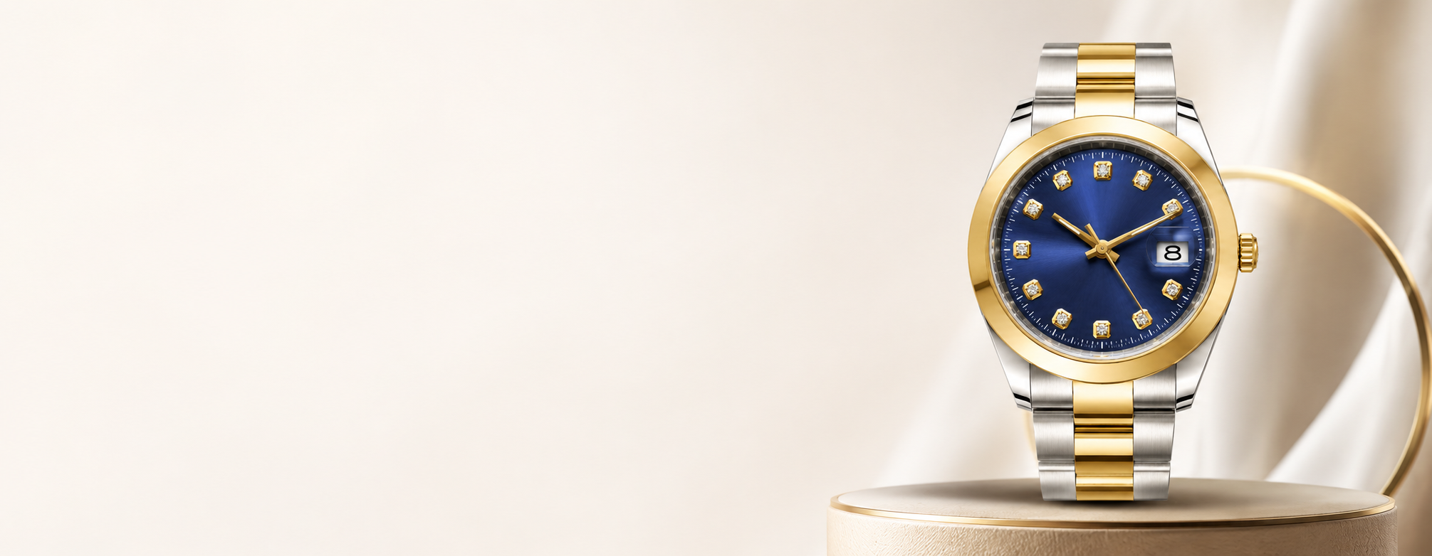 Luxury watch with blue dial and gold accents on a beige background