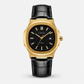 Crist Classic Gold Watch with black leather strap on a white background