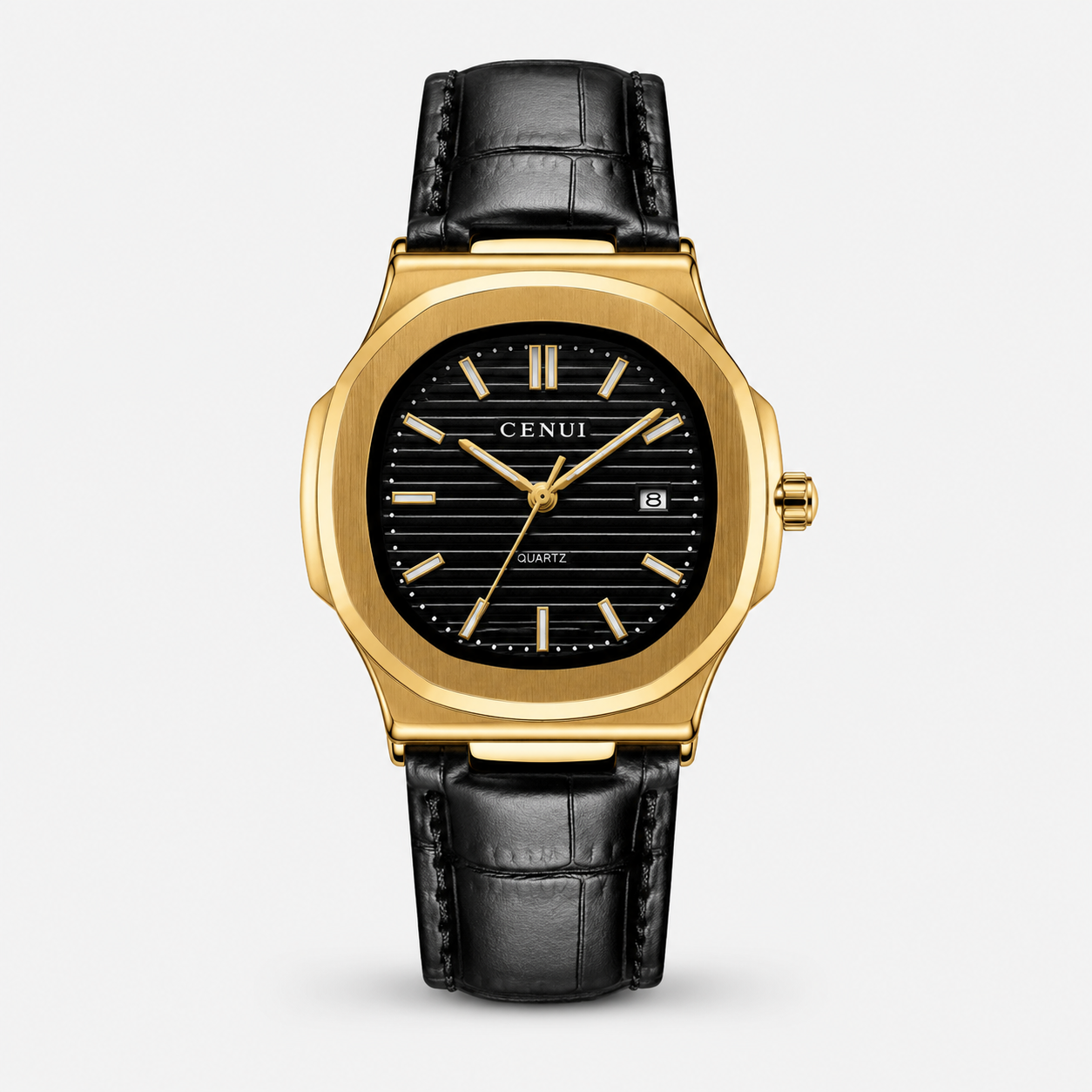 Crist Classic Gold Watch with black leather strap on a white background