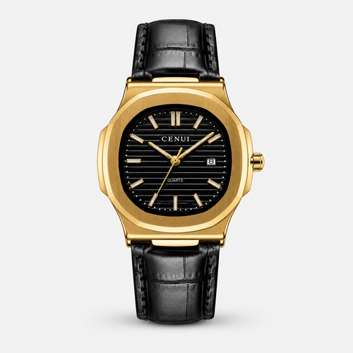 Crist Classic Gold Watch with black leather strap on a white background