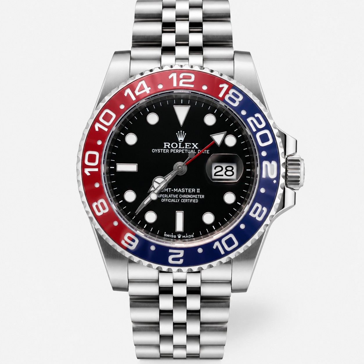 Crist GMT Steel Men Watch with a silver bracelet, black face, red and blue bezel on a white background