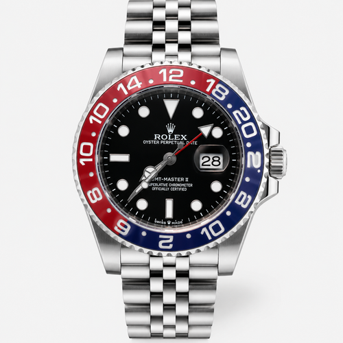 Crist GMT Steel Men Watch with a silver bracelet, black face, red and blue bezel on a white background