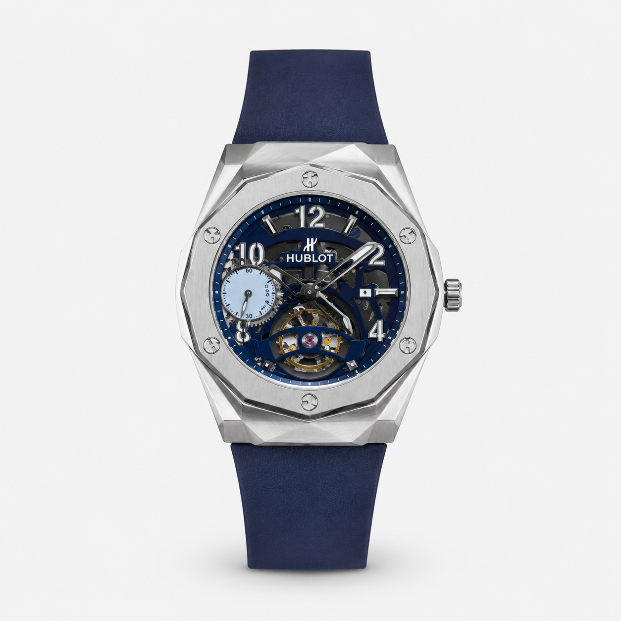 Hublot watch with blue strap and face on a white background