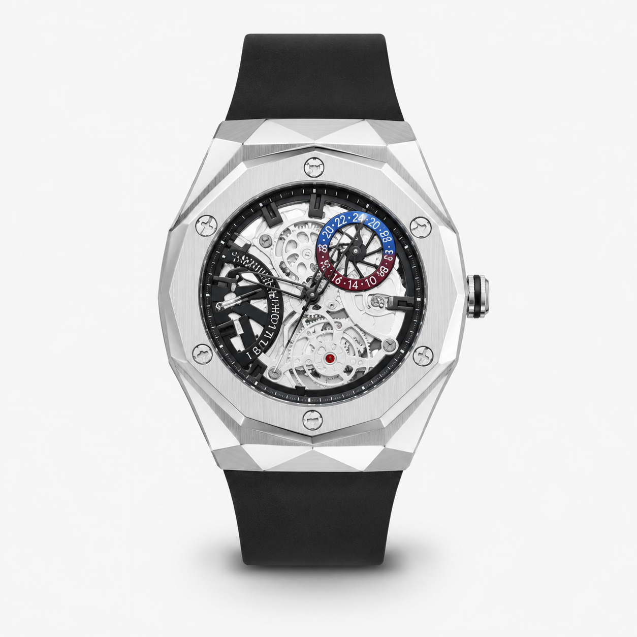 Luxury watch with a black strap and silver case on a white background