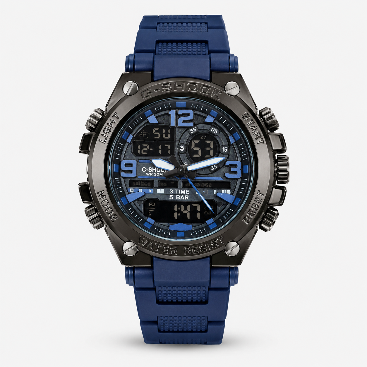 Blue and black digital watch on a white background