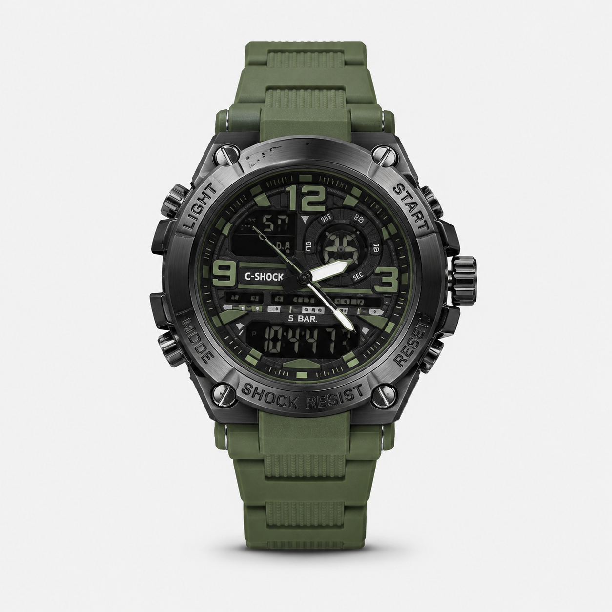 Green military-style watch with digital and analog display on a white background