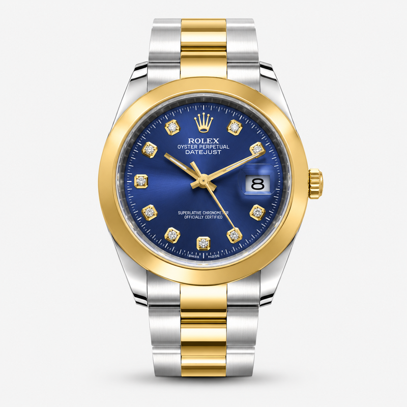 Luxury watch with blue dial and diamond accents on a white background