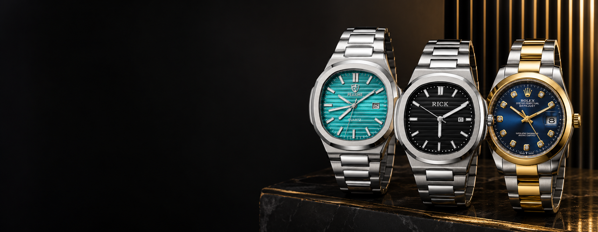 Three watches in silver, black, and gold on a dark background