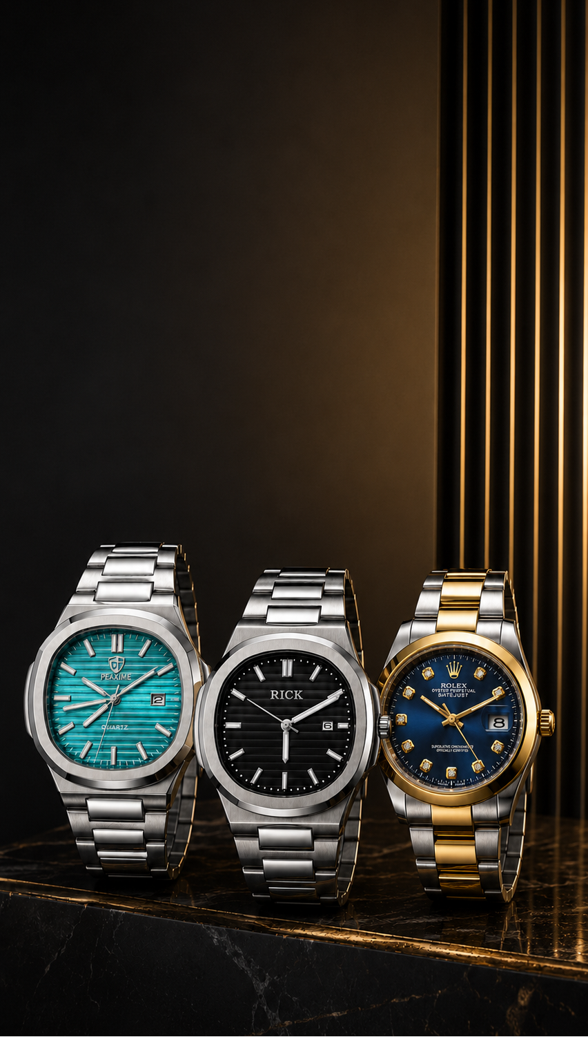 Three watches with different colored faces on a dark background