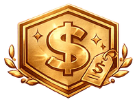 Gold emblem with a dollar sign and laurel leaves on a white background