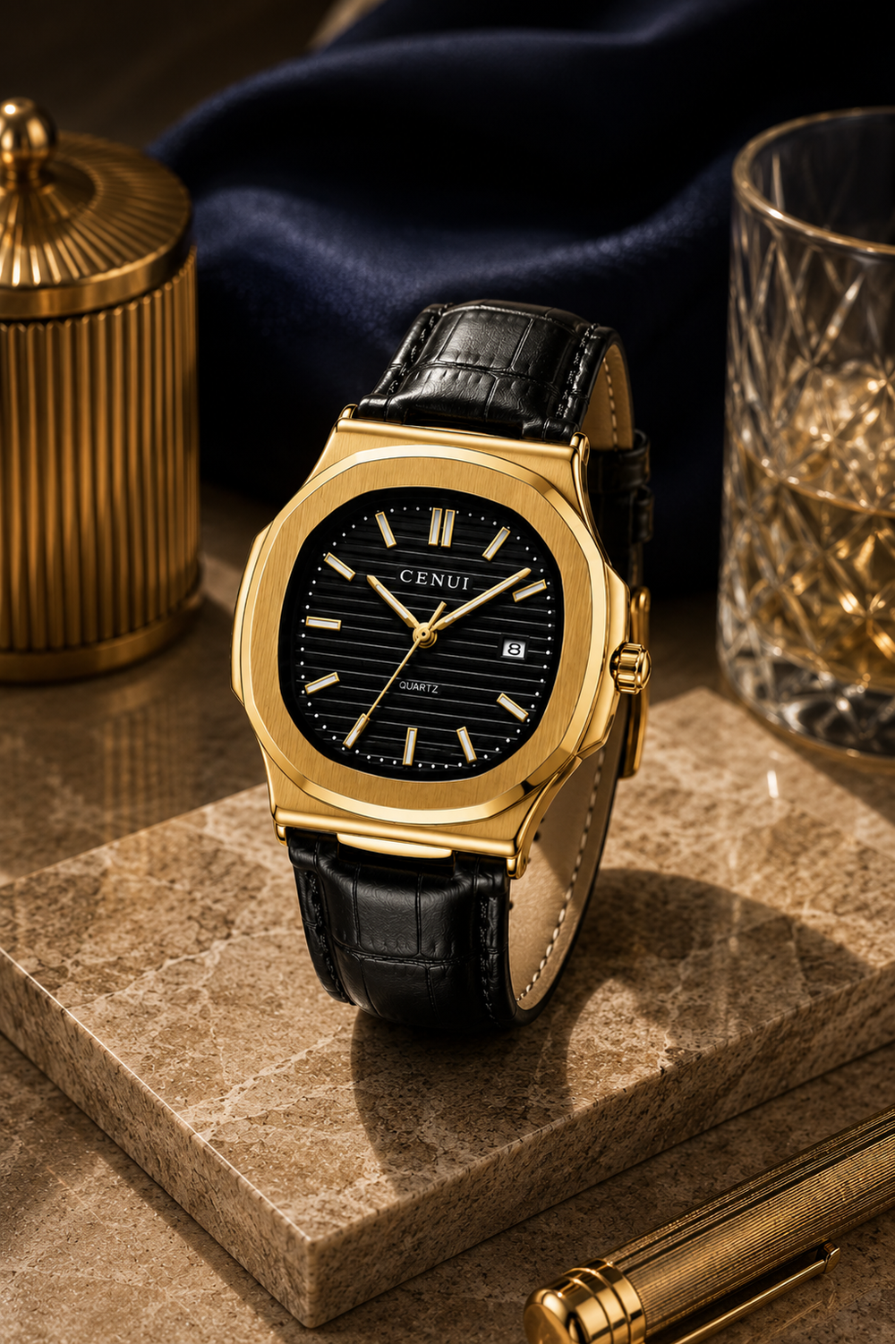 Gold watch with black leather strap on a marble surface with decorative items.