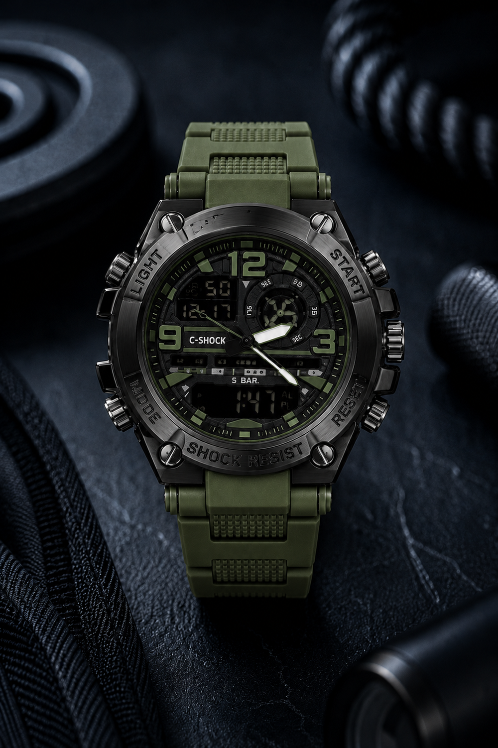 Green military-style watch with digital and analog display on a dark textured background