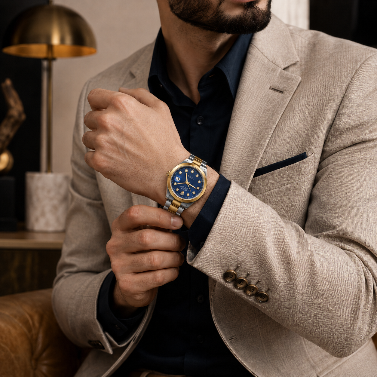 Man adjusting a watch on his wrist with a stylish background