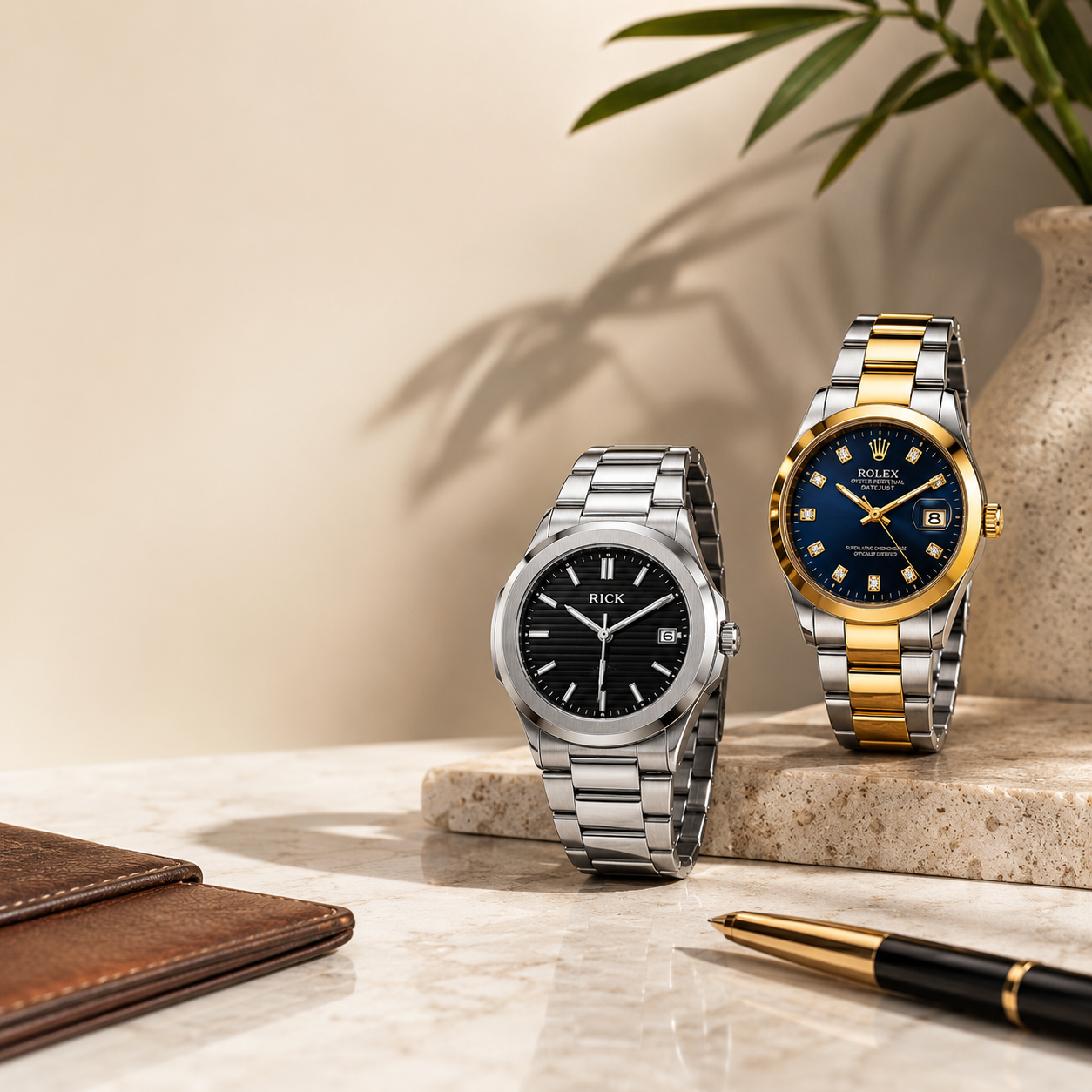 Two watches on a marble surface with a pen and plant in the background