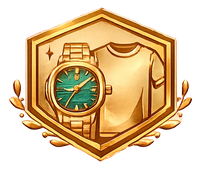 Gold emblem with a watch and t-shirt design on a white background